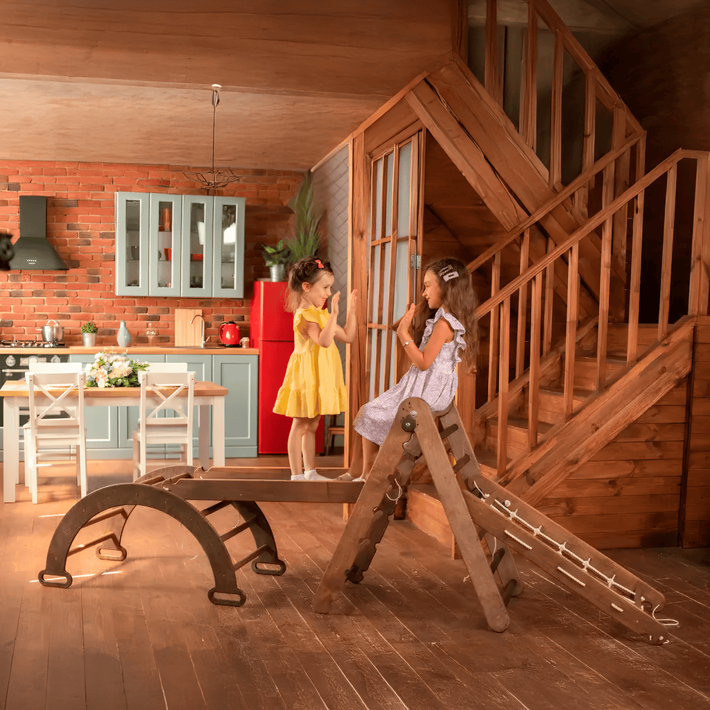 4in1 Montessori Klettergerüst Set: Kletterdreieck mit Rutsche, Kletterbogen, Kletternetz, für Kinder 1-7 Jahre – Beige-5