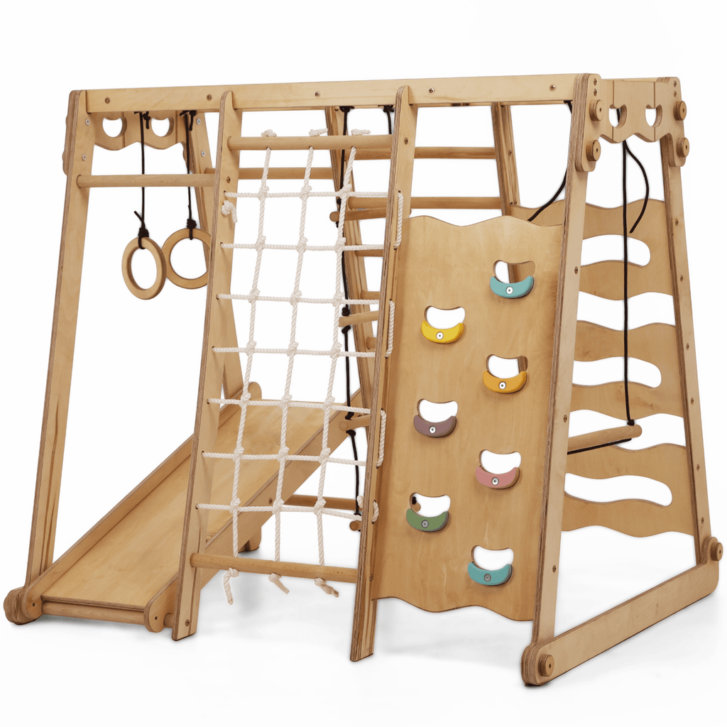 6in1 Indoor-Spielplatz aus Holz für Kinder –  Schaukel, Rutsche, Seil und Treppe-0