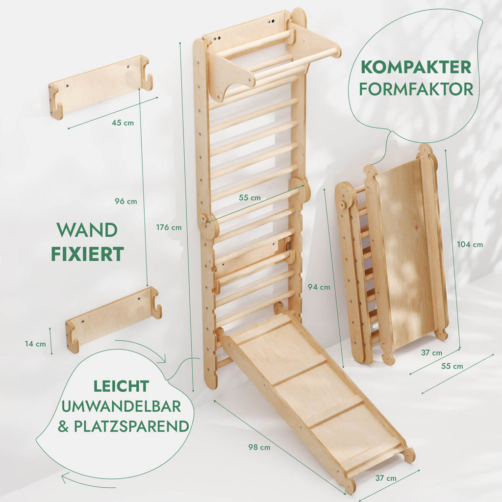 6in1 Kletterwand Indoor: Sprossenwand, Gymnastikringe, Hängende Leiter, Disc-Schaukel, Rutsche und Klimmzugstange für Kinder-1