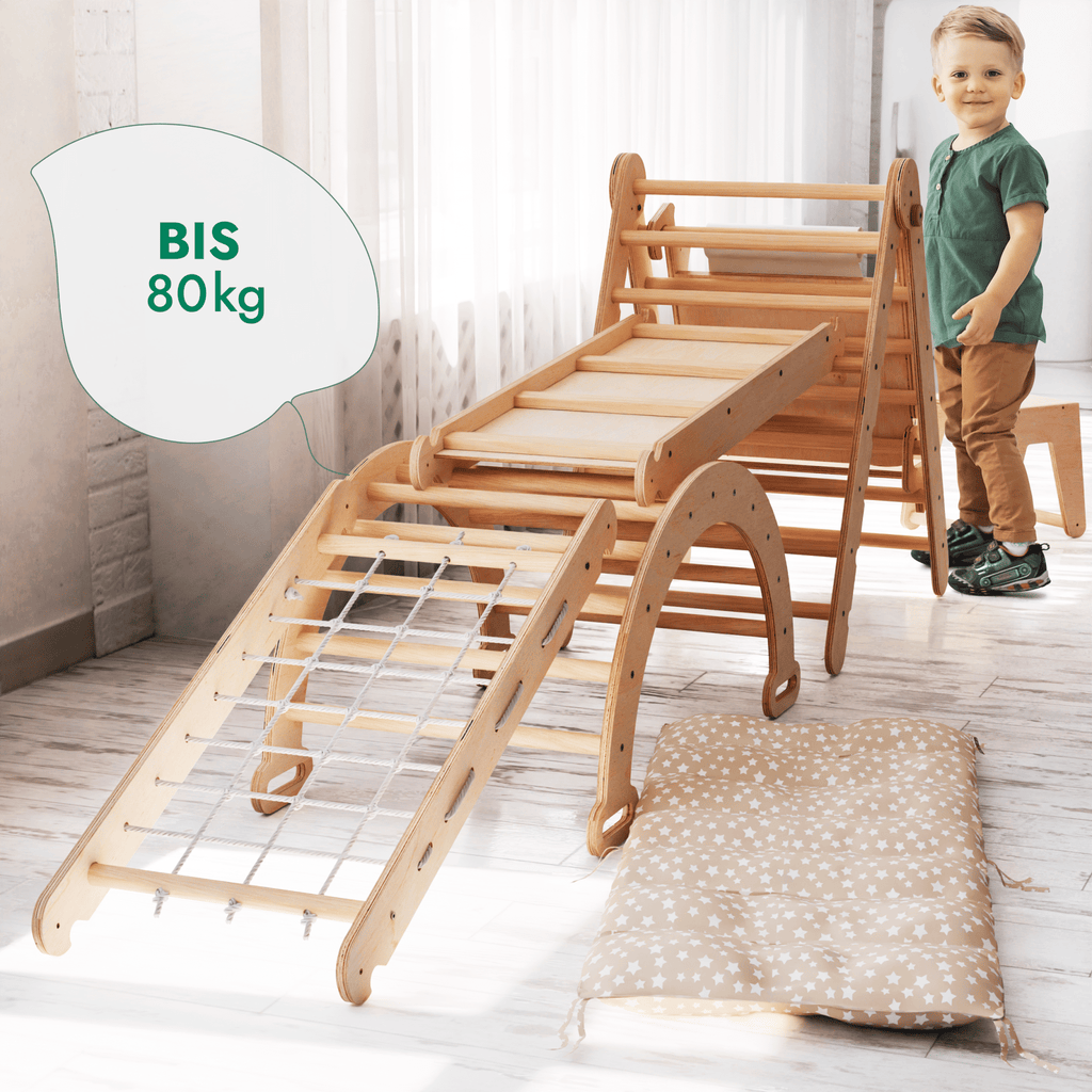 7in1 Montessori Klettergerüst Set: Kletterdreieck, Kletterbogen mit Kissen, Rutsche, Kletternetz, Maltafel und Kinderstuhl, für Kinder 1-7 Jahre – Beige-4